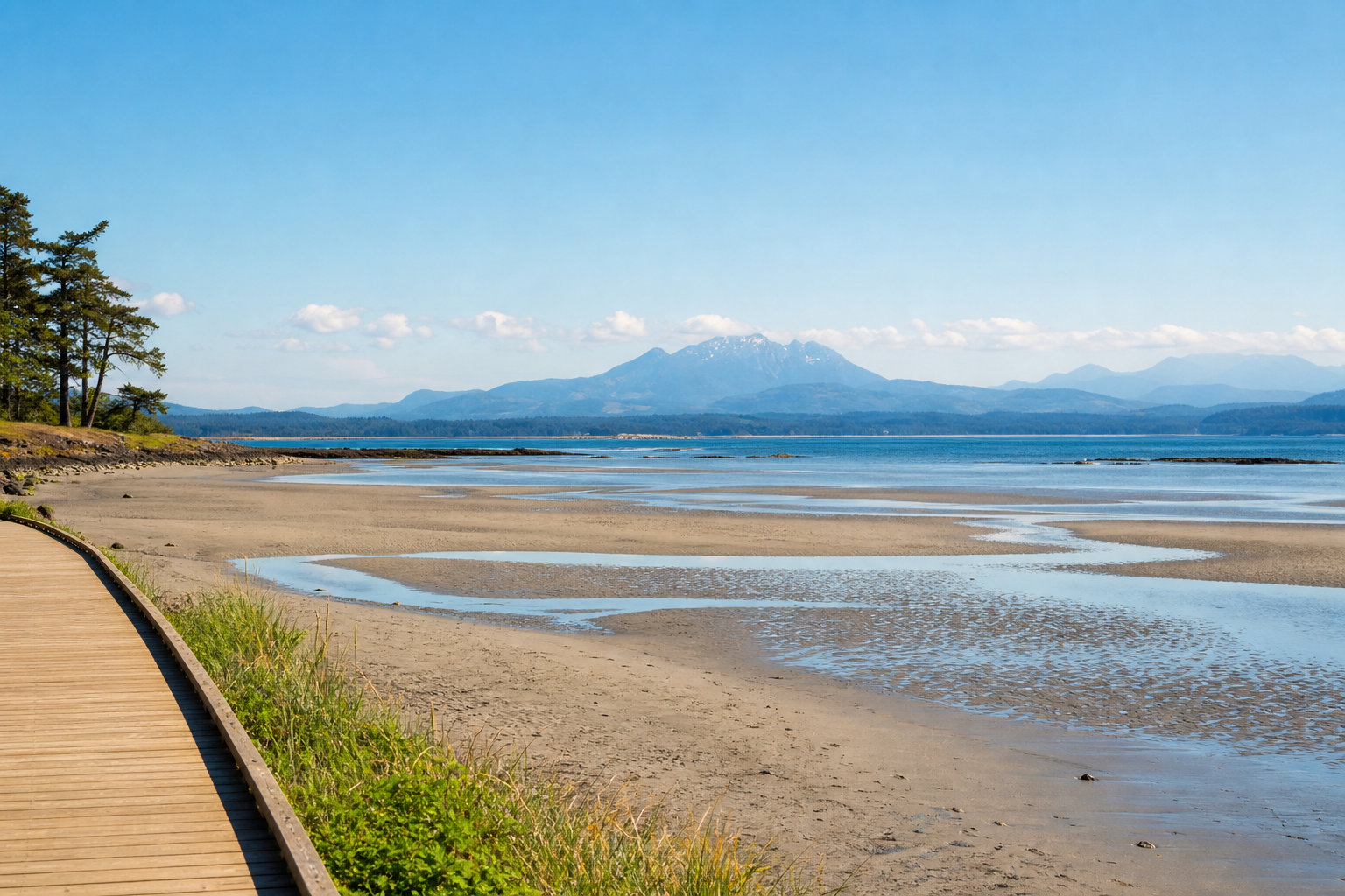 Parksville beach at low tide with shallow reflective pools, boardwalk, and distant mountain view